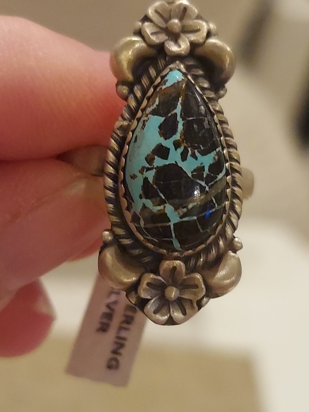 New Brushed Sterling Silver & Blackjack Turquoise Adjustable Ring - Picture 13 of 13